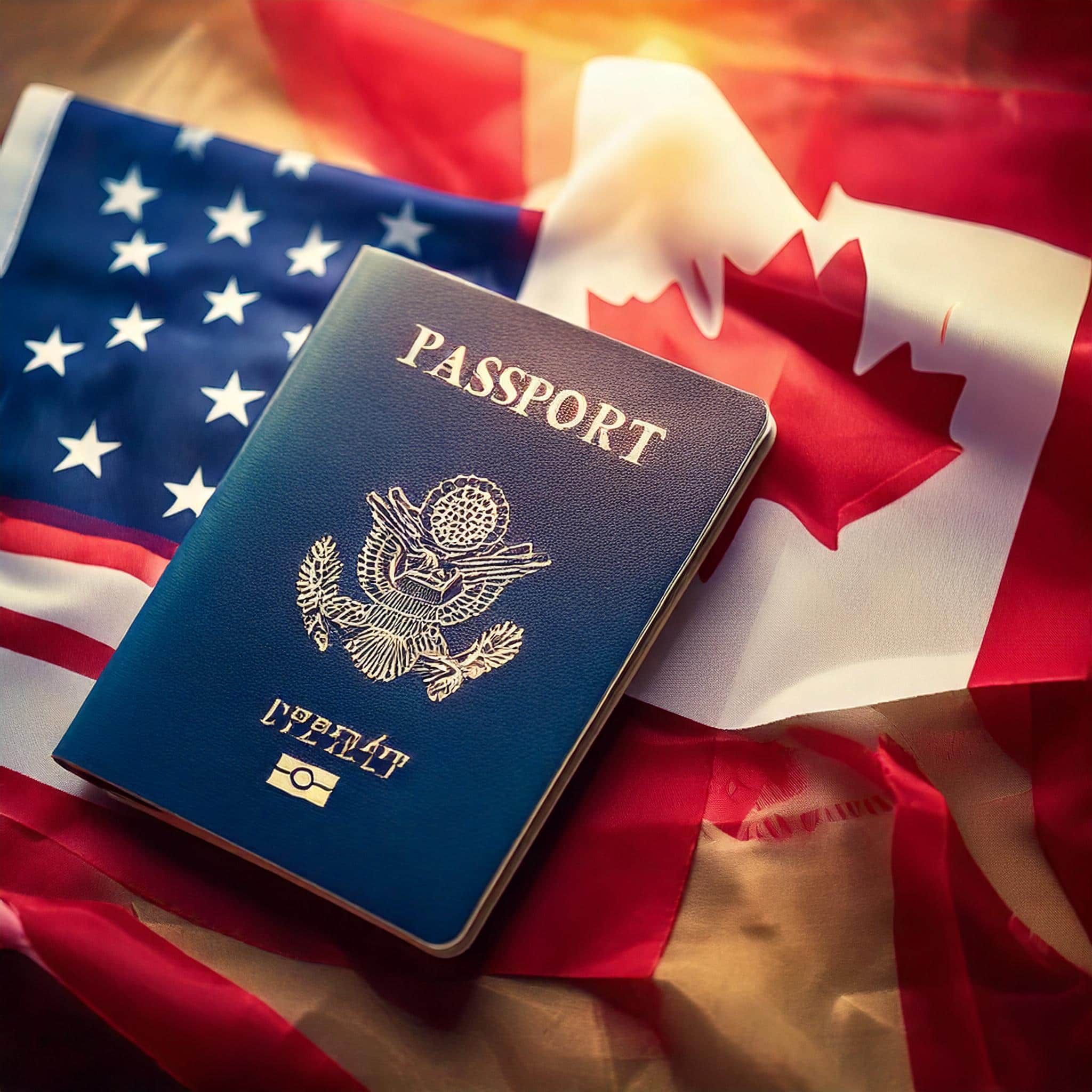 Un pasaporte con una visa estampada de EE. UU. al lado de una bandera canadiense y un avion